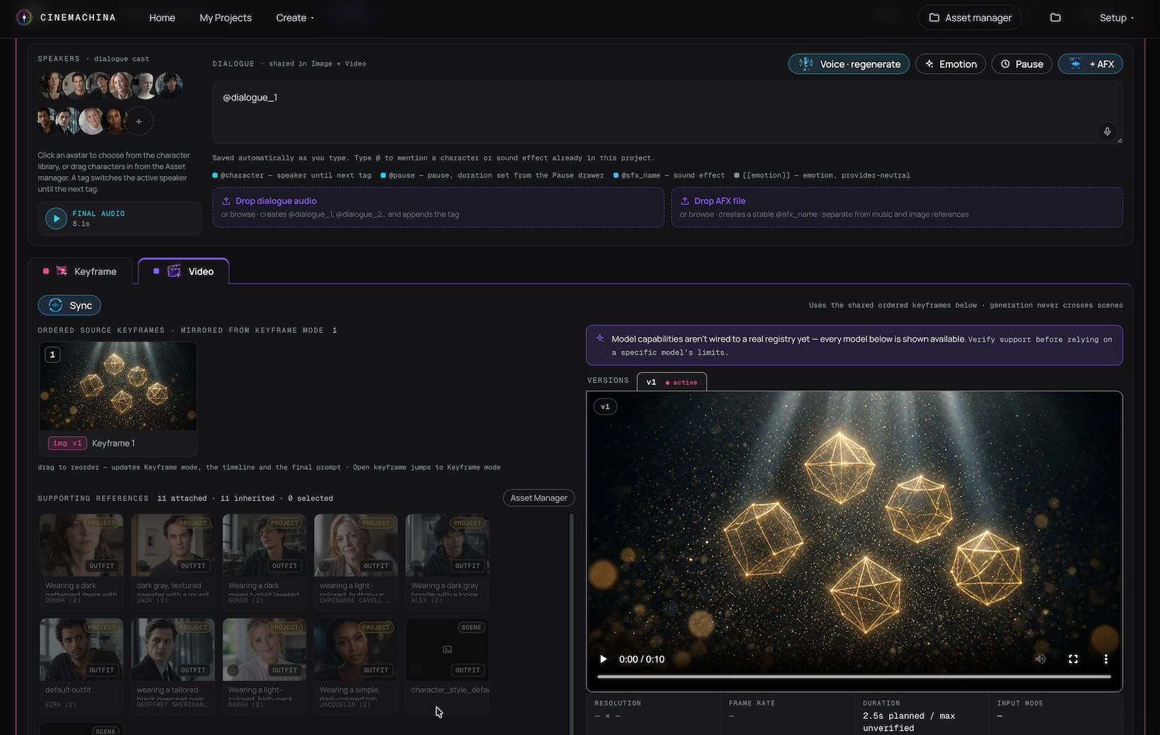 Video generation inside Cinemachina Director Studio, showing the generated shot, the video model dropdown, the lip sync model, and the generation prompt for the sequence