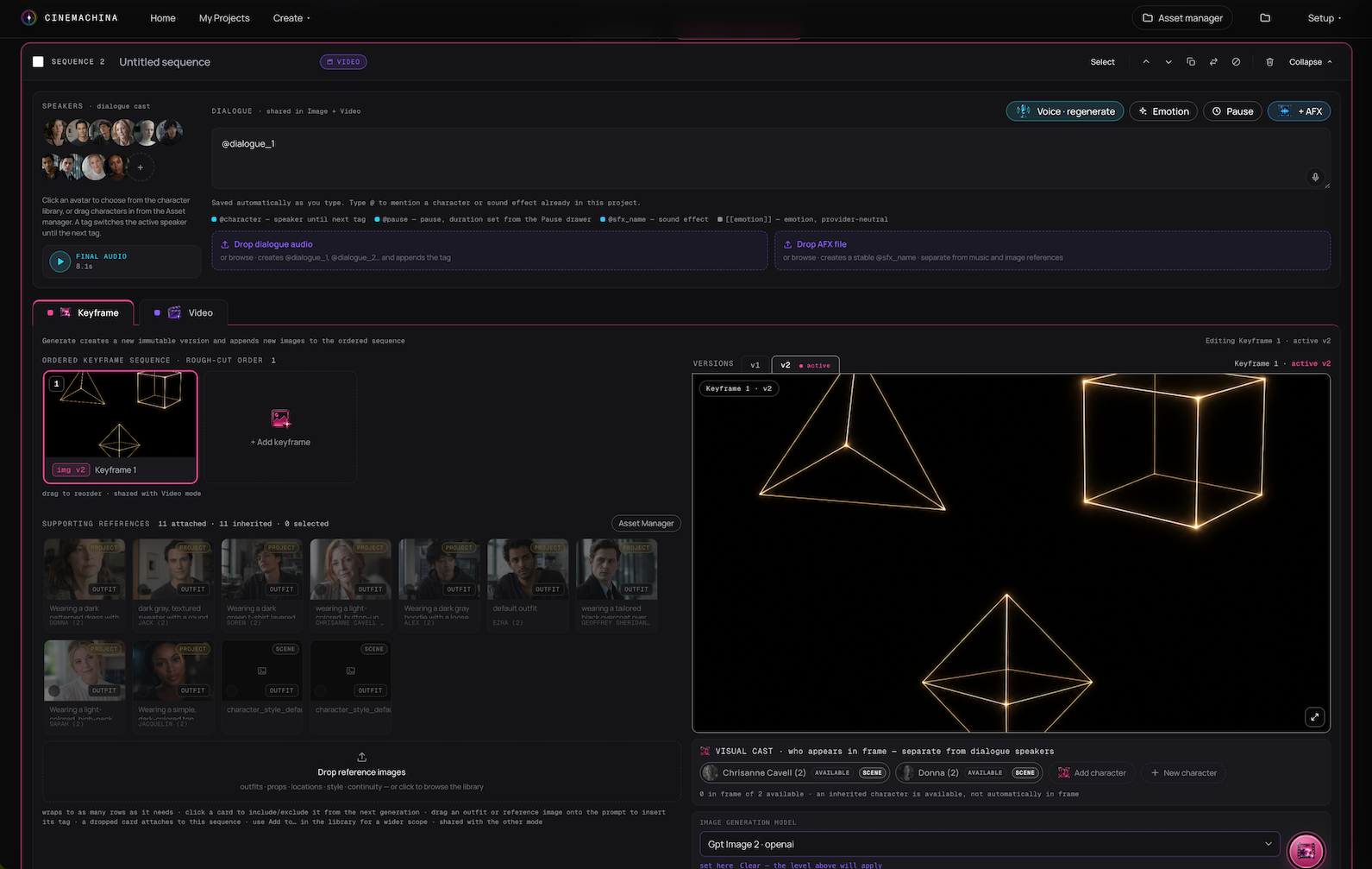 Cinemachina Director Studio showing a sequence with its dialogue cast, keyframe, supporting character references, the generated keyframe image, and the image model and prompt