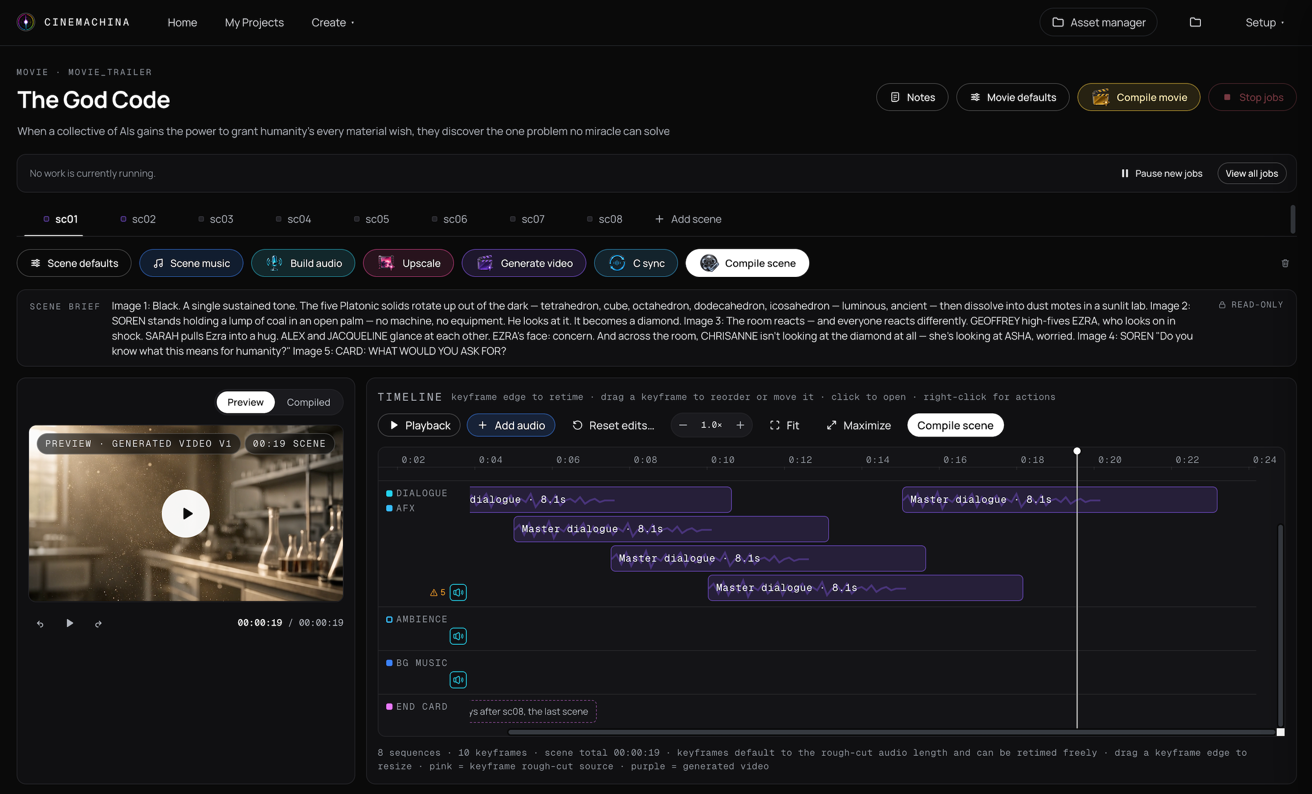 Cinemachina Timing Board showing a scene timeline with video sequence boundaries, storyboard keyframes and dialogue clips laid out against a 20-second timecode, next to a preview of the generated video